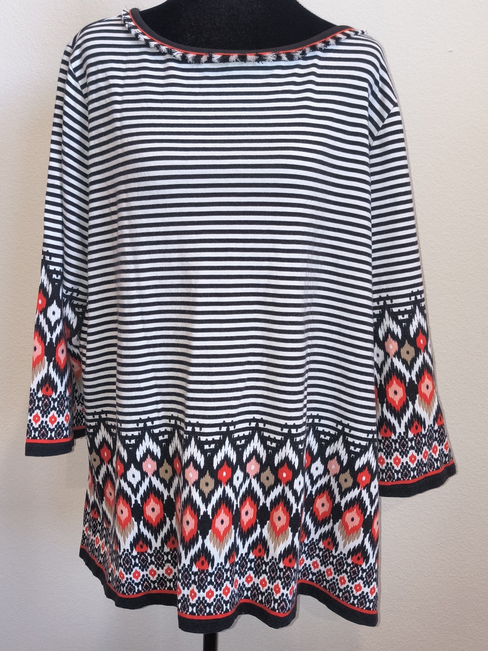 Ruby Rd. Black & White Striped Tunic with Red Geo Border, 1X